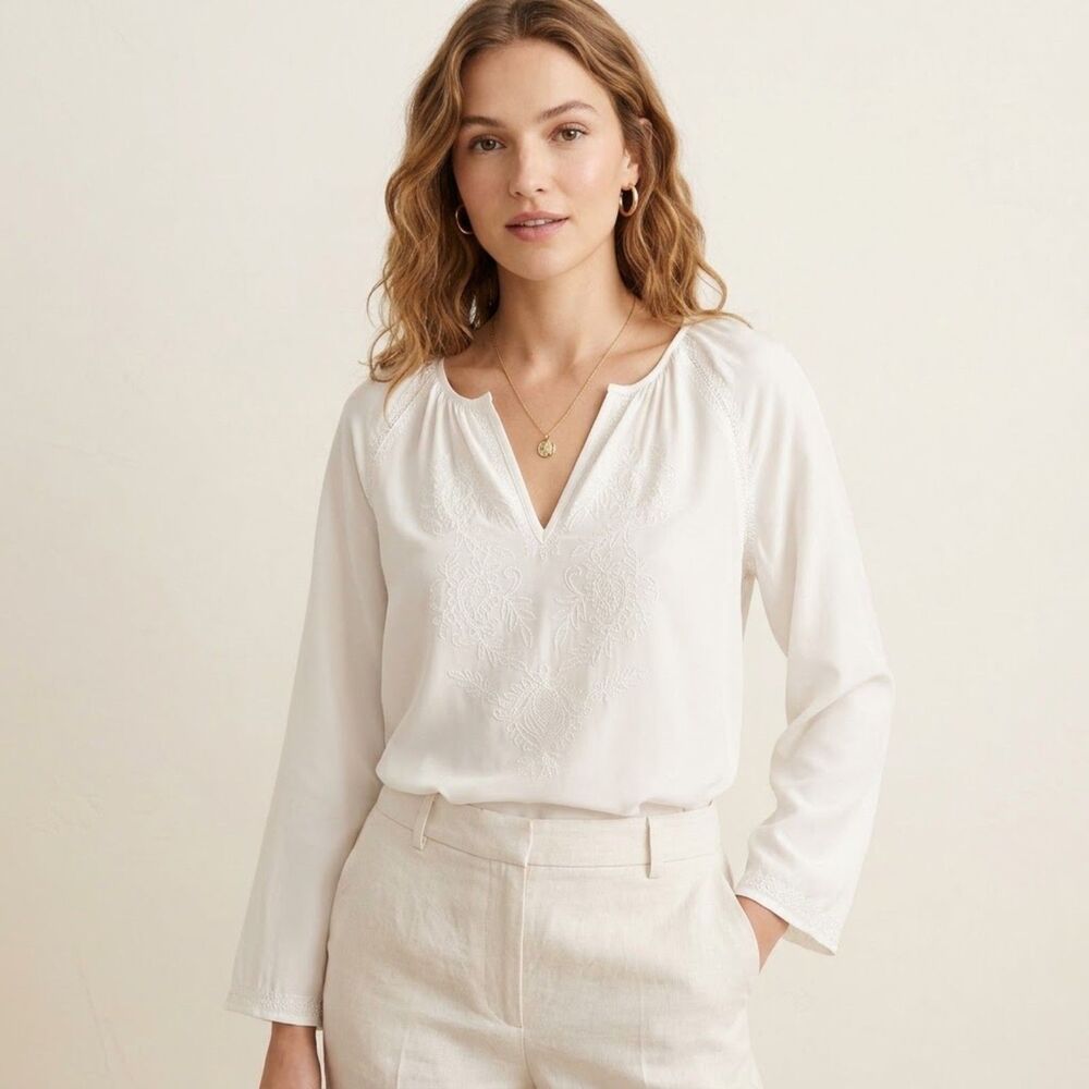 J Crew Ivory Silk Embroidery Split-Neck Tunic Long Sleeve Boho Chic Blouse Size